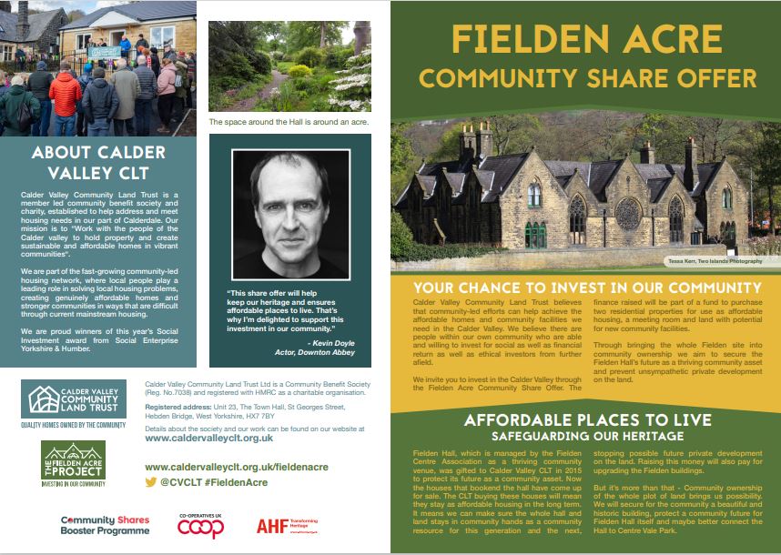 Fielden acre leaflet cover Fielden Acre Community Share Offer leaflet cover
